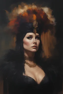 Kristen Bell in a hot Elvira costume :: dark mysterious esoteric atmosphere :: digital matt painting with rough paint strokes by Jeremy Mann + Carne Griffiths + Leonid Afremov, black canvas