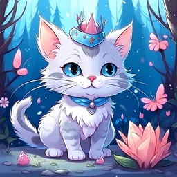 A scared cat holds a mouse in its teeth, scolded by a cat with an elegant crown adorned with one precious stone, against the backdrop of a winter forest. color,cartoon