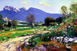 Mountains, sunny day, cloids, stone wall, flowers, pathways, grass, vegetations, distant trees, lesser ury and konstantin korovin impressionism painting