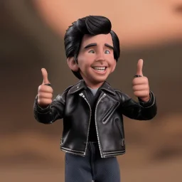 wide view young Fonz with black hair greaser figure doll 1977 (thumbs-up) (face) Forehead grin, fonzarelli, ((arnold's drive-in)) fonziE fonz