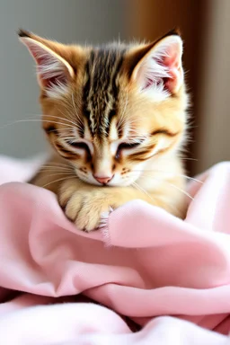 Sad little cat hugging a piece of cloth