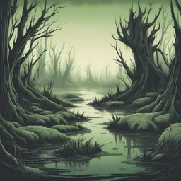 Living Ooze, in aquatint art style, background swamp