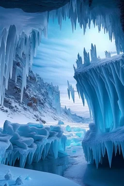 A frozen landscape with a giant frozen caveroof over it