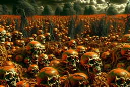 view of dozens of human skulls growing off of a vine in a large field, designed to look like a pumpkin patch, painted orange, growing off of a vine orange skulls, evil dead atmosphere, highly detailed, sharp focus, two-toned, digital painting, artstaion, concept art, hr Geiger