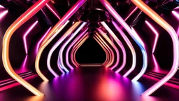 a 3D recursive stage structure made of metallic colors, pretty artistic background, dynamic lights