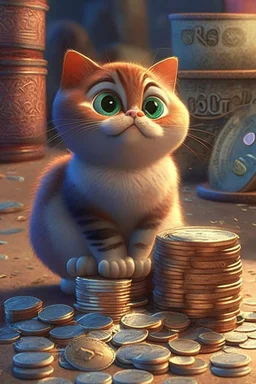 cute pixar cat and money and coins