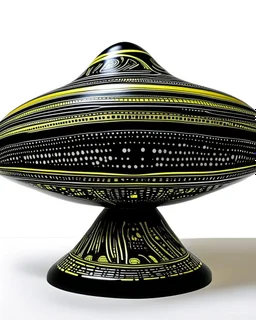 A black UFO with lasers designed in native American petroglyphs painted by Roy Lichtenstein