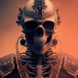 a skeleton warrior wearing samurai armor in hr giger style, red blood floating from above on his head, steam punk, realistic, made in octane, cinematic, ultra-realistic, extremely detailed octane rendering, 8K, VRAY Super Real ar 2:3, dof photorealistic futuristic 50mm lens hard lighting dark gray tintype photograph, realistic lighting, sepia color