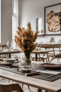 An empty table in front of the picture and a stylish environment behind it