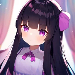 Clear focus,High resolution, Black long fluffy hair, and purple eyes, Loli, Sassy