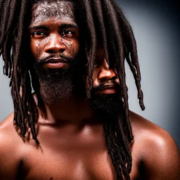 African-American man, wet dred locked hair, with sweat on face, serious, masculine, heroic, with facial hair, dripping, intricate details, hyper realistic sweat, fine details in skin texture, model photography, studio portrait lighting, 8k -ar 3:5- upright -beta -no blur