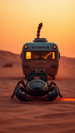 A zoom in Scorpion with background realistic photo of a landscape covered in sands that looks futuristic with futuristic lighting , a caravan in the heat of the desert from the “Breaking Bad” episodes