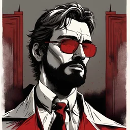 young man with scraggly hair and beard stubble in sunglasses dressed in a red priest's frock with a repulsed look on his face that looks like Hans Gruber comic book character