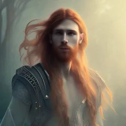  man with long red hair, full body, dark fantasy setting, ethereal, soft lighting