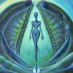 French surrealism animation art from 1970s, illustration of large blue alienoid creatures, mesmerizing, hallucinogenic tones, strange, creepy cutout style of animation of phantamosgoric giant blue alien with red eyes, Czech animation tradition, art by Roland Toper, Dali-esc environment, trance-like, Fantastic Planet aliens