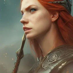 highly detailed portrait viking queen art, anime, delicate red hair, blue glass eyes, green glass steel armor, cinematic lighting, 4k, 8k, octane render, digital concept art, greg rutkowski, trending on artstation, pinterest, extremely detailed, ambient lighting.