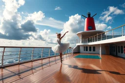 a ballerina dncing in deck of a modern big ship ,in oceion water vaves pretty blue sky with clouds