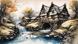 old rural (watermill:1.6) built upon a bubbling brook, ink paint, enchanted fairy tale vibe