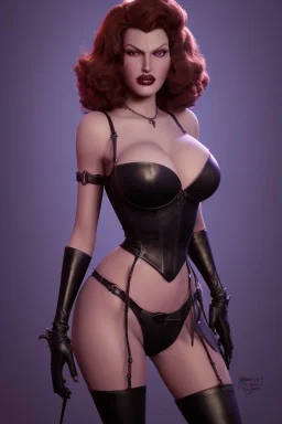 Rita Hayworth as evil queen in black leather, busty, cleavage, curvy, angry, stern look. character design by cory loftis, fenghua zhong, ryohei hase, ismail inceoglu and ruan jia. unreal engine 5, artistic lighting, highly detailed, photorealistic, fantasy