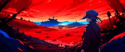 world war lands in anime style with red, blue colours