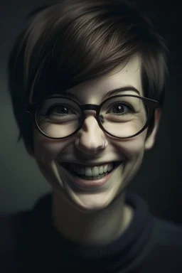 short hair dark laugh woman big Big eyes glasses