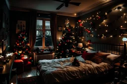 cozy christmas themed bedroom, with lots of christmas ornaments, christmas pillows, small christmas tree, for friends to stay and chat together on christmas night. and make it kinda low dark bedroom