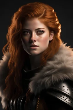 beautiful ygritte, long messy hair, dressed in a fur armor, pale smooth skin, realistic, nightime, highly detailed face, very high resolution, looking at the camera, centered