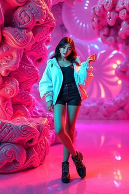 si fi a 3d recursive mandlebore fractal environment color and light an extra beautiful supper modern girl wearing modern clothing gracefully posing full body shot