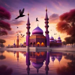 Hyper Realistic Photographic-View of Beautifully-Detailed-Crafted Purple-&-Orange Muslim-Shrine with Maroon-Minarets Riverside-with-shrine-reflection also Cloudy Sunset & Birds Flying Showing dramatic & cinematic ambiance