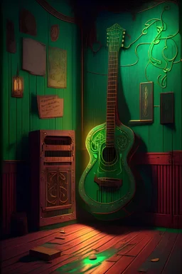 dramatic, art nouveau acoustic guitar with 6 steel strings, an 80s music jukebox with a soft red glowing light behind it. An emerald green wall behind the guitar and jukebox. A splintered wood plank floor below the guitar and jukebox with beer stains on the floor. a dart board on the wall. slightly smokey atmosphere