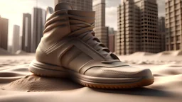 photoreal gorgeous shoes in the shape of a city made from sand sculpture by lee jeffries, 8k, high detail, smooth render, unreal engine 5, cinema 4d, HDR, dust effect, vivid colors