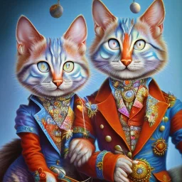 prompt, Fantasy harlequin cats by Louis Wain, by Catherine Abel, by Gediminas Pranckevicius, fantasy, oil on canvas, beautiful, high details, ultra detailed, crisp quality, colourful, high definition