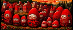 A dark red vampiric village designed in Matryoshka dolls painted by Frank Wilson