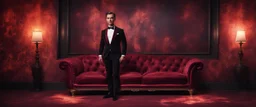 Hyper Realistic Handsome-Muscular-Man-with-little-smile Wearing Maroon-&-Black-Velvet-Tuxedo in flame-patterned-vintage-wall with glowing-embers on the floor in a dark-room with fancy-couch-&-fancy-lamps-on-wall