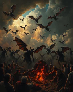 Bosch painting style, nightmare , people suffering in hell , dramatic, great quality picture with cinematic scenes , show heavy clouds and a lot of hooded devils with wings hovering the sky from a far distance in the background