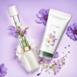 a bottle for cosmetics and a cream jar lies on a beautiful floral background top view, in the background there are beautiful spring flowers and a drop of cream, high-quality picture, top view