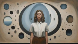 Woman in front of a wall with several circular holes of different sizes, painting by René Magritte, surrealism by Francis Bacon, Greg Rutkowski and Mark Rothko. Painting by Lucian Freud. photorealistic with a palette of a mixed media, very brutal, surreal, symmetrical