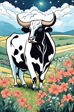 Taurus: Imagine a serene bull resting under a starlit sky, surrounded by lush fields and blooming flowers.