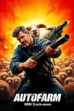 "Design a 90s-style action movie poster titled 'AUTOfarm.' Feature a heroic mechanic in the foreground, fiercely battling thousands of adversaries with a spanner. In the background, include a determined sheep wielding a machine gun. Capture the high-energy, gritty aesthetic of classic 90s action films, with intense and dynamic elements. Prominently display the subtitle ' BMI Suck ween' in bold, impactful lettering."