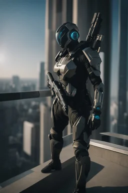 Long-angle shot takes the form of a full body futuristic cyber punk sniper wearing a robotic warframe suit, small earphones, full body Raw, 8k, Futuristic robotic soldier position on top of a tall building is aiming with a lying position is aiming at the target