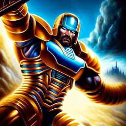 ultra detailed fullbody portrait of X-O Manowar , extremely detailed digital painting, intrincate, extremely detailed face,crystal clear Big eyes, in the style of Boris Vallejo, mystical colors , perfectly centered image, perfect composition, rim light, beautiful lighting,8k, stunning scene, raytracing