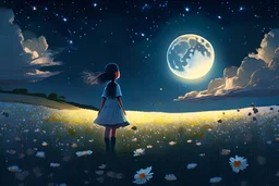 expansive landscape photograph , (a view from below that shows sky above and open field below), a girl standing on flower field looking up, (full moon:1.2), ( shooting stars:0.9), (nebula:1.3), distant mountain, tree BREAK production art, (warm light source:1.2), (Firefly:1.2), lamp, lot of purple and orange, intricate details, volumetric lighting BREAK (masterpiece:1.2), (best quality), 4k, ultra-detailed, (dynamic composition:1.4), highly detailed, colorful details,( iridescent colors:1.2), (g