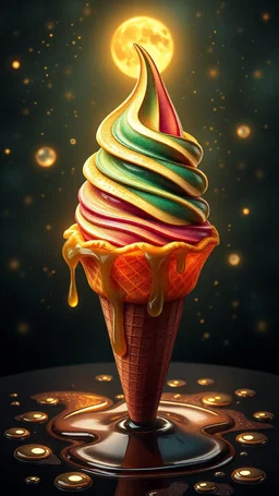 art create a 4k image of fof ice cream cone whose company name is Ben & jerry`s , illustration in the style of Luis Royo, large droplets of viscous and syrupy fluid, burnished jade, planet earth in crystal shape with the golden sun and crystal white transparent moon , Al. In side a biscuit ice cream con and glowing stars in the background with golden yellow, ink black
