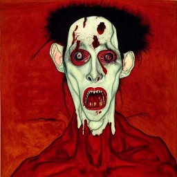 Horror Disfigured bald Vampire covered in blood, elegant dressed ,blood big canine teeth with blood,full body, hands with long nails by egon Schiele,