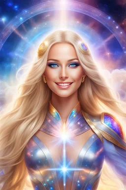 cosmic woman smile,beautiful ufos rainbow, admiral from the future, galactic confédération, fine whole face, crystalline skin, expressive blue eyes,rainbow, smiling lips, very nice smile, costume pleiadian, Beautiful tall woman pleiadian Galactic commander, ship, perfect datailed golden galactic suit, high rank, long blond hair, hand whit five perfect detailed finger, amazing big blue eyes, smilling mouth, high drfinition lips, cosmic happiness, bright colors, blue, pink, gold, jewels, realist,