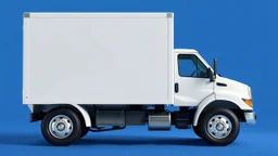 side profile of a white generic north american medium commercial truck with cube box, blue background, pixxar