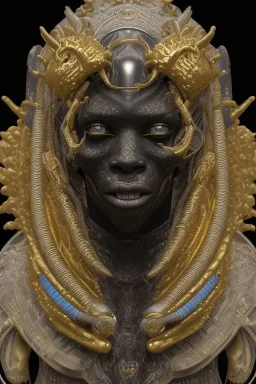 black male African Egyptian alien, cracks in the voodoo head, wicked, eyes, crown, blood, 8k, finely detailed, photo realistic, tiger turquoise skull head gold dragon space alien snow skeleton gold teeth silver crown silver space face mask