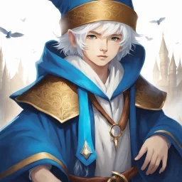 Fantasy World, A boy only wearing a closed wizards robe, and wearing a wizards hat. White Hair. Golden Eyes.