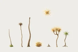 "Isolated concept art of multiple types of alien tree plant on a plain neutral background. Designed for Desert biome – dry, spiky, brittle grass with sharp edges, thorn-like blades, and pale dusty colors