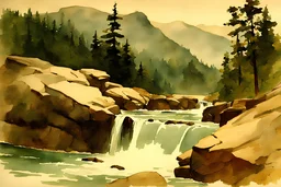 mountains, rocks, trees, waterfall, winslow homer watercolor paintings